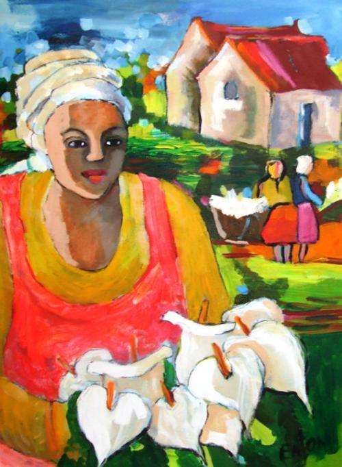 Lofty Eaton.(560x760 )"Lelie plukkers". Acrylic on canvas.Unframed