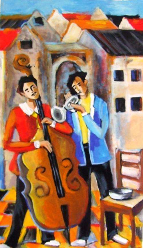 Original Lofty Eaton painting.(550x950) Streetmusicians.Acrylic on canvas.Unframed