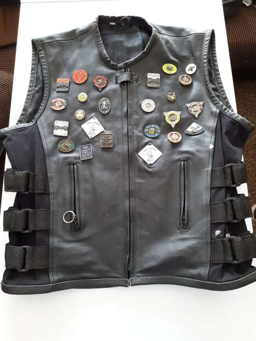 Leather waistcoat with rally badges