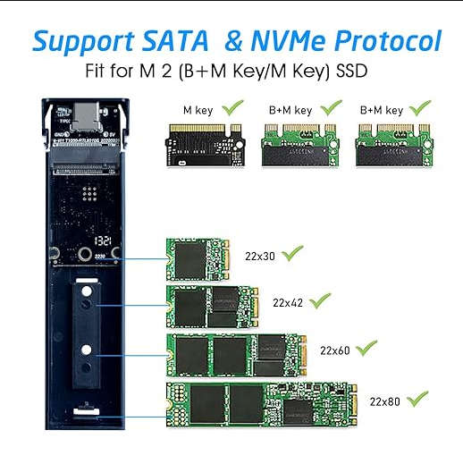Aluminum M.2 NVME and NGFF SATA SSD Enclosure Adapter (B+M Key/M Key)