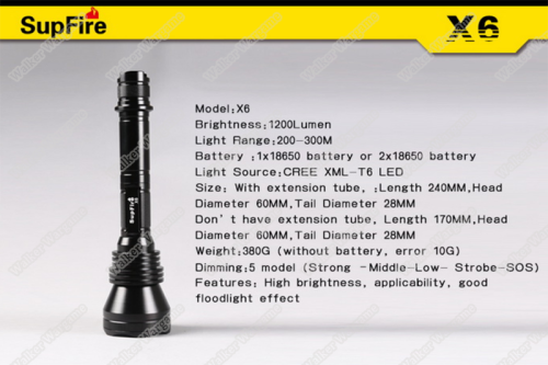 SupFire X6 1200Lumen IP67 Waterproof Tactical Lotus-shape Head Flashlight Torch With Battery