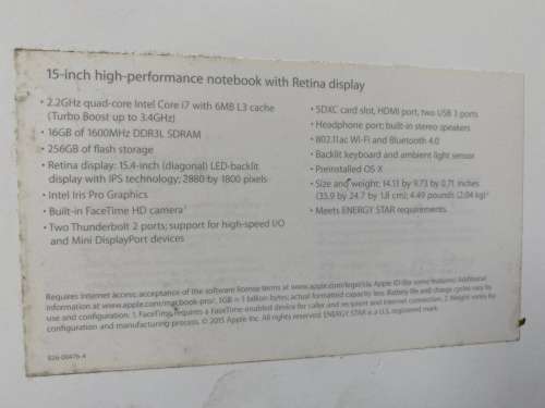 Apple Macbook Pro 15incl Notebook with Retina Display i7 cup 2.2g , 16gb Ram, 256G SSD