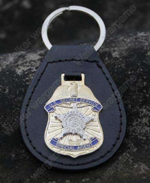 Key Ring With Badge On Black Leather - US Secret Service  Metal Badge