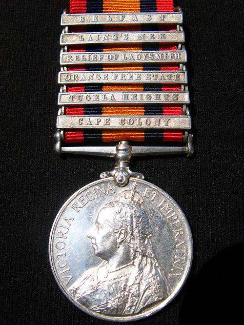 THE QUEEN'S SOUTH AFRICA MEDAL WITH 6 CLASPS - BELFAST, LAING'S NEK, RELIEF OF LADYSMITH, READ MORE