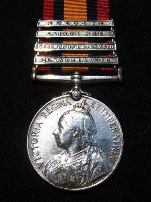 THE QUEEN'S SOUTH AFRICA MEDAL WITH 4 CLASPS - BELFAST, LAING'S NEK, DEFENCE OF LADYSMITH AND ELANDS