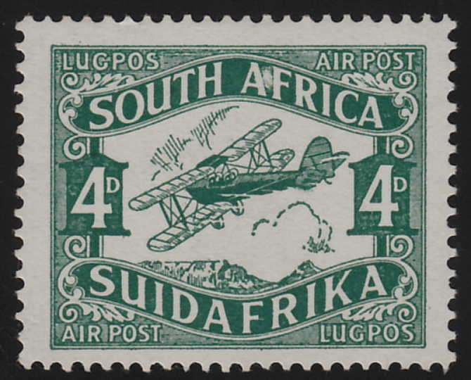 SA 1929 AIRMAIL 4d WITH SCARCE WHITE SPOT BETWEEN AF IN AFRICA VERY FINE LMM
