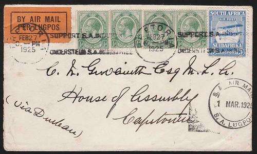 SA 1925 AIRMAIL COVER WITH 3d VALUE PLUS 4 X 1/2d KING'S HEADS COIL STAMPS INCL JOIN