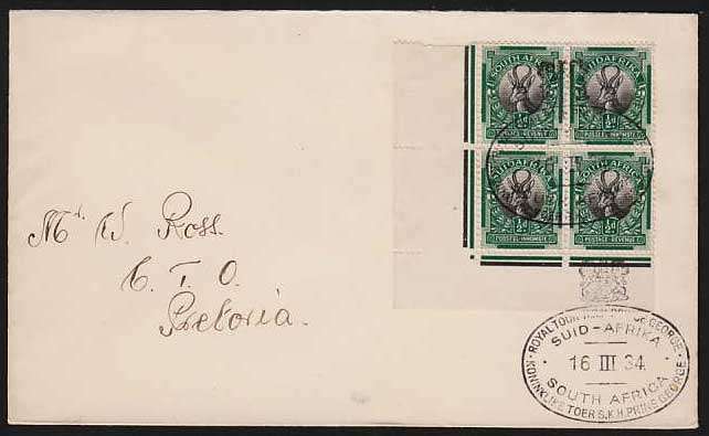 SA 1926 LONDON PICTORIALS 1/2d CORNER BLOCK ON 1934 ROYAL TOUR COVER
