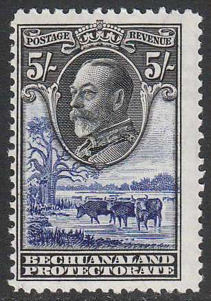 BECHUANALAND 1932 KGV FIVE SHILLING BLACK AND ULTRAMARINE FINE MINT. SACC 104 C/V R1300