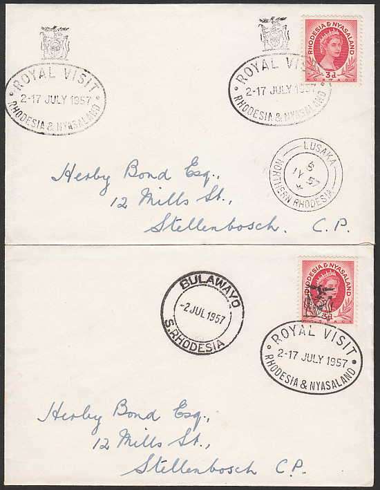 RHODESIA AND NYASALAND 1957 ROYAL VISIT TWO ATTRACTIVE COVERS AS PER SCAN.