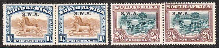 SWA 1927 OVERPRINTS 1/- AND 2/6 SACC 87,88 MINT PAIRS, BROWNED GUM. C/V R1100