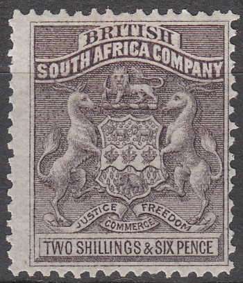 RHODESIA 1892 ARMS 2/6d GREY-PURPLE SACC 6 FINE LMM. C/V R350