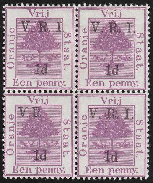 OFS 1900 1d BLOCK VARIETY 'I' AND STOP AFTER 'R' OMITTED PLUS SHIFT OF 'R' FINE LMM. SACC 50g