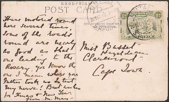 RHODESIA 1912 POST CARD BEARING 1/2d DOUBLE HEAD FROM UMTALI TO CAPE TOWN