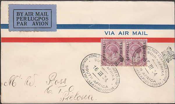 UNION 1934 PRINCE GEORGE ROYAL TOUR COVER WITH 1926 OFFICIALS 2d PAIR TO PRETORIA