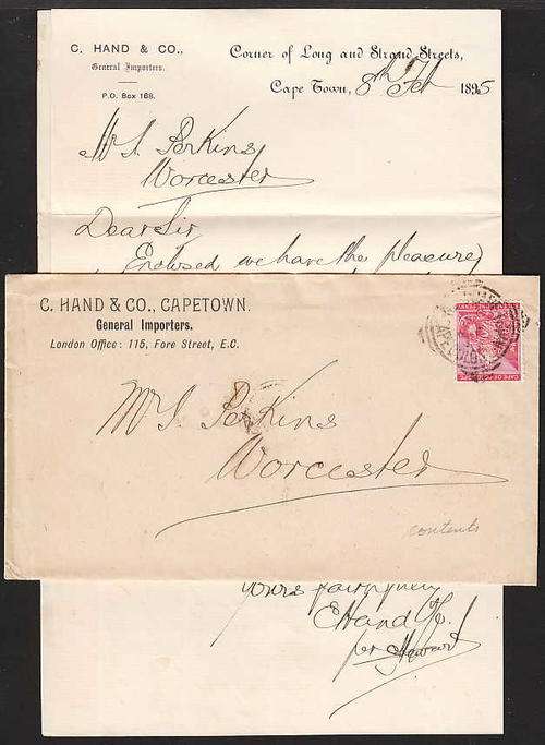 CGH 1895 C. HAND & CO CAPE TOWN ENVELOPE WITH ORIGINAL CONTENT ADDRESSED TO WORCESTER
