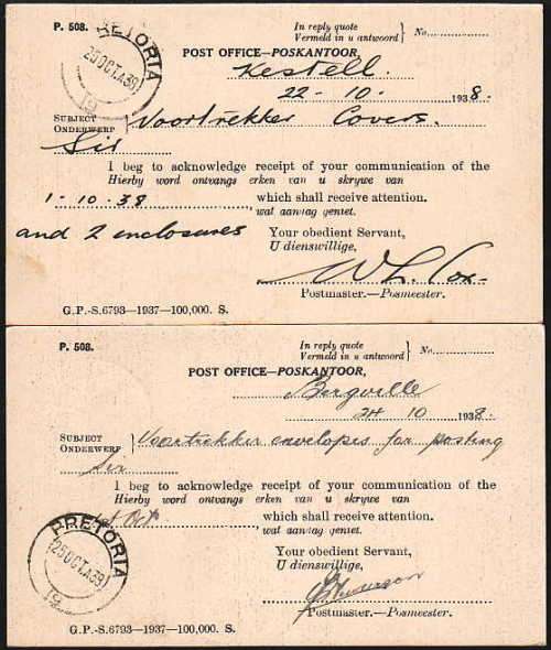 UNION 1938 VOORTREKKER MEMORABILIA TWO O.H.M.S. POST OFFICE CARDS RE VOORTREKKER COVERS FOR POSTING
