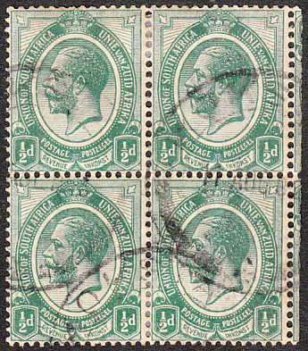 UNION 1913 KINGS HEAD 1/2d EX BOOKLET BLOCK SHOWING PART TETE-BECHE STAMPS AT RIGHT, USED. SCARCE