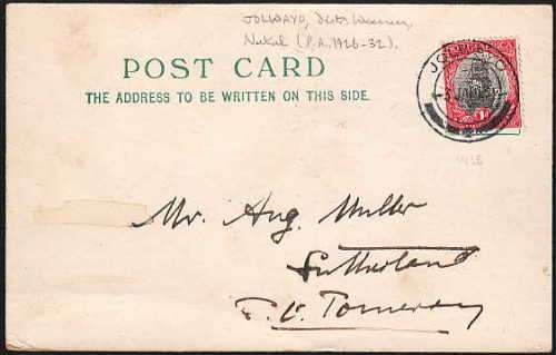 UNION c 1927 VERY SCARCE JOLWAYO CANCEL ON POSTCARD TO POMEROY.