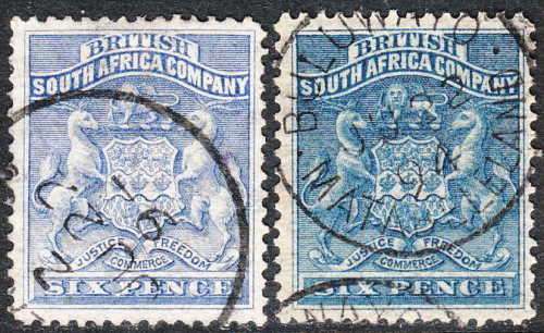 RHODESIA 1892 ARMS 6d THE TWO LISTED SHADES FINE USED. SACC 2, 3