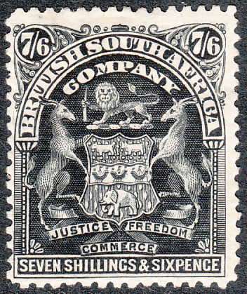 RHODESIA 1898-1908 ARMS 7/6 BLACK FINE MM. SACC 82 C/V R2000