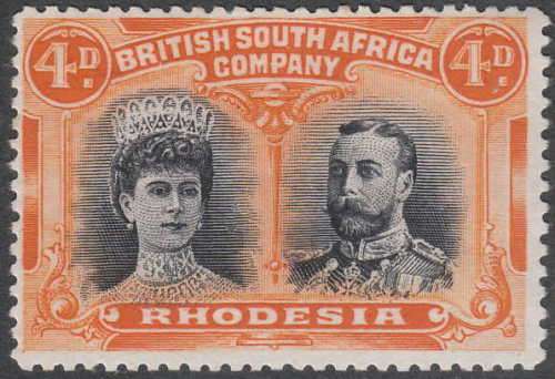 RHODESIA 1910 DOUBLE HEADS 4d BLACK AND ORANGE SHADE VERY FINE LMM. SACC 140 C/V R900