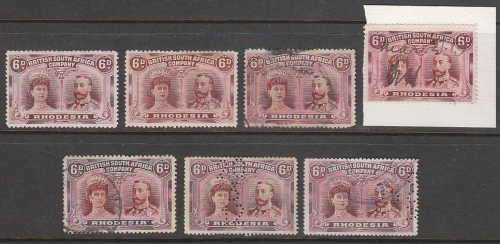 RHODESIA 1910 DOUBLE HEADS 6d MM PLUS USED / FISCAL RANGE INCL PERF 15 AVERAGE CONDITION. SEE BELOW