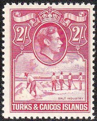 TURKS AND CAICOS ISLANDS 1938 KGVI 2/- DEEP ROSE-CARMINE VERY FINE MNH. SG 203 C/V R800