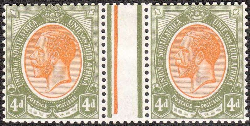 UNION 1913 KINGS HEADS 4d CENTRAL GUTTER MARGINAL PAIR WITH MISSING JUBILEE LINE VERY FINE LMM