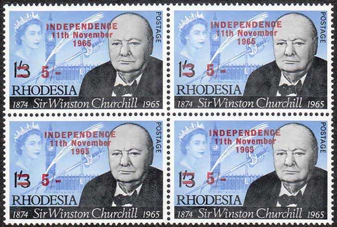 RHODESIA 1966 INDEPENDENCE OVPT 5/- CHURCHILL BLOCK OF 4 VERY FINE MNH SACC 130 C/V R800
