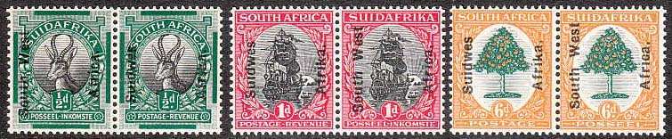 SOUTH WEST AFRICA 1926 ENGLISH ON AFRIKAANS THE 3 VALUES IN PAIRS VERY FINE MNH SACC 67-69 C/V R280