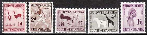 SOUTH WEST AFRICA 1954 ANIMAL DEFINS ADDITIONAL VALUES SET VERY FINE MNH. SACC 194-98 C/V R456