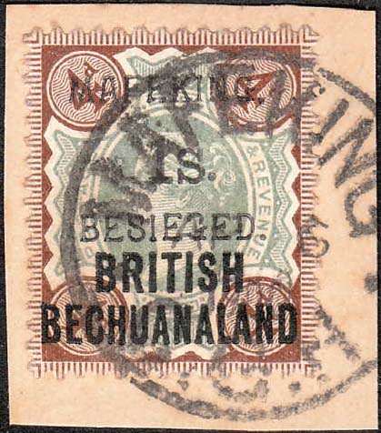MAFEKING SIEGE 1900 1s ON 4d BRITISH BECHUANALAND FINE USED ON PIECE. SACC 13 C/V R1500