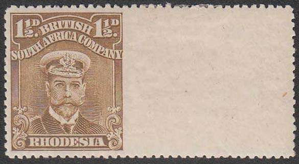 RHODESIA 1913-22 ADMIRALS 11/2d IMPERF BETWEEN STAMP AND RIGHT MARGINAL GUTTER VARIETY FINE LMM