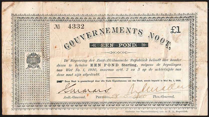 ZAR 28 MAY 1900 EEN POND ONE POUND GOUVERNEMENTS NOOT. CONDITION AS PER SCANS