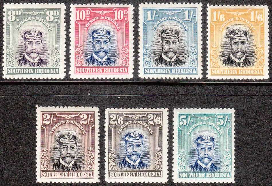 SOUTHERN RHODESIA 1924 KGV ADMIRALS 8d TO 5/- MOSTLY FINE MINT. SACC 8-14 C/V R3280