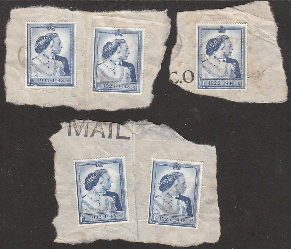 GREAT BRITAIN 1948 SILVER WEDDING 5 X ONE POUND USED ON PIECES VERY LIGHT CANCELS SG 494 R3500