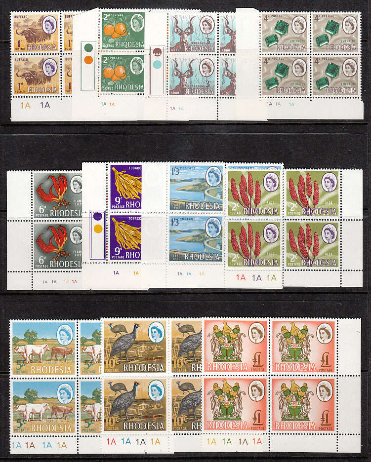 RHODESIA 1966 MARDONS 1st PRTG SET 11 VALUES CONTROL 1A BLOCKS OF 4 VERY FINE MNH SACC 145-55 R5300