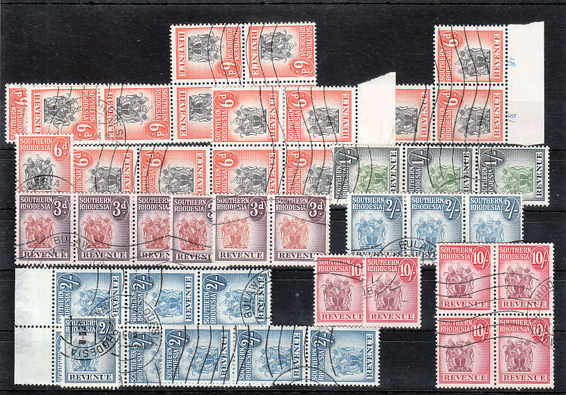 SOUTHERN RHODESIA 1952 REVENUES USED ACCUMULATION INCLUDING BLOCKS AND PAIRS AS PER SCAN