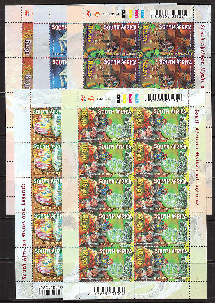 RSA 2001 MYTHS AND LEGENDS SET IN COMPLETE SHEETS OF 10 STAMPS EACH VERY FINE MNH SACC 1342-46 R850