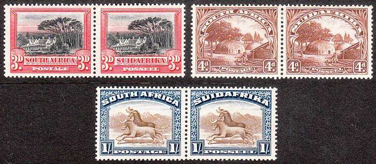 UNION 1927 LONDON PICTORIALS 3d, 4d AND 1s FINE MINT PAIRS. SACC 34-36 R1080