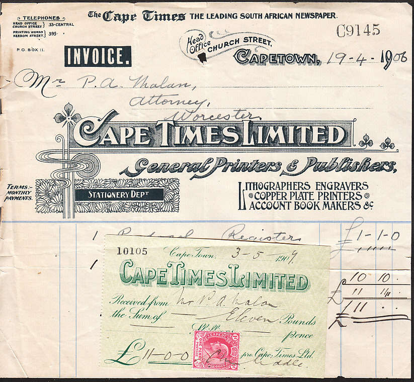 CAPE OF GOOD HOPE 1906 ATTRACTIVE INVOICE WITH STAMPED RECEIPT EX CAPE TIMES LIMITED