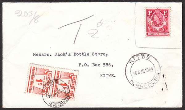 NORTHERN RHODESIA 1964 TAXED COVER (REVENUE FRANKING) USED IN KITWE WITH PAIR 1d POSTAGE DUES