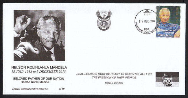 RSA 2013 MANDELA DEATH PRIVATELY MADE COVER WITH MANDELA STAMP CANCELLED PARLIAMENT 5 DEC 2013