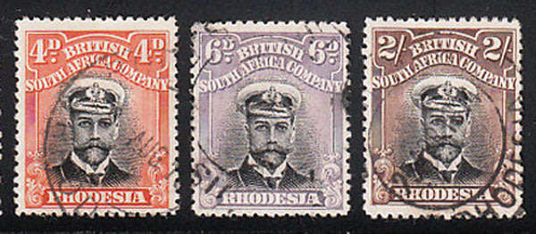 RHODESIA BSAC 1913 ADMIRALS DIE I PERF 15 4d, 6d AND 2s GOOD/FINE USED. SACC CAT R1320