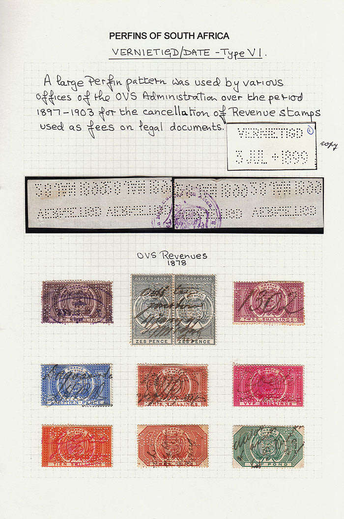 ORANGE FREE STATE FINE STUDY OF THE REVENUE PERFED CANCEL 'VERNIETIGD' ON 2 PAGES. CLEAN LOT