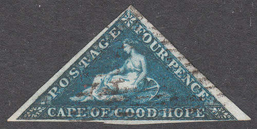 CAPE OF GOOD HOPE 1855 TRIANGULARS 4d DEEP BLUE SHADE USED WITH NEARLY FULL MARINS. SACC 6 CAT R1300