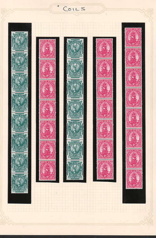 SOUTH AFRICA 1943 COILS ½d AND 1d ACCUMULATION OF STRIPS ON 3 PAGES MNH. ALL FINE SCREEN