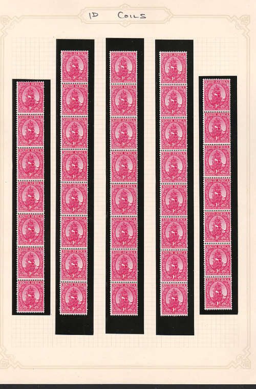 SOUTH AFRICA 1943 COILS ½d AND 1d ACCUMULATION OF STRIPS ON 3 PAGES MNH. ALL FINE SCREEN