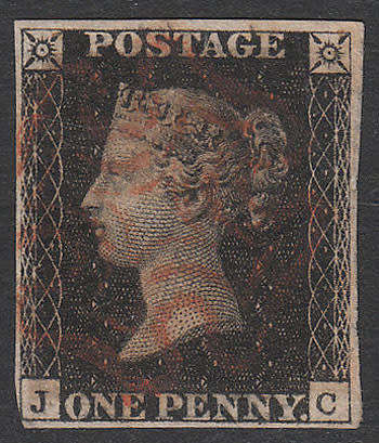 GREAT BRITAIN 1840 1d BLACK UNPLATED J-C FINE USED WITH RED MX POSTMARK. CAT R10000